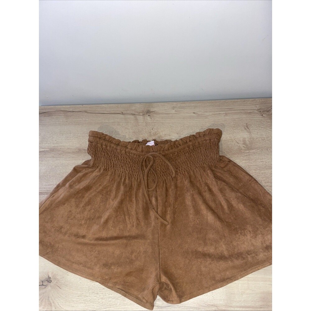 Pink Lily Shorts L Brown Faux Suede Smocked High Waisted Paperbag Tie Waist